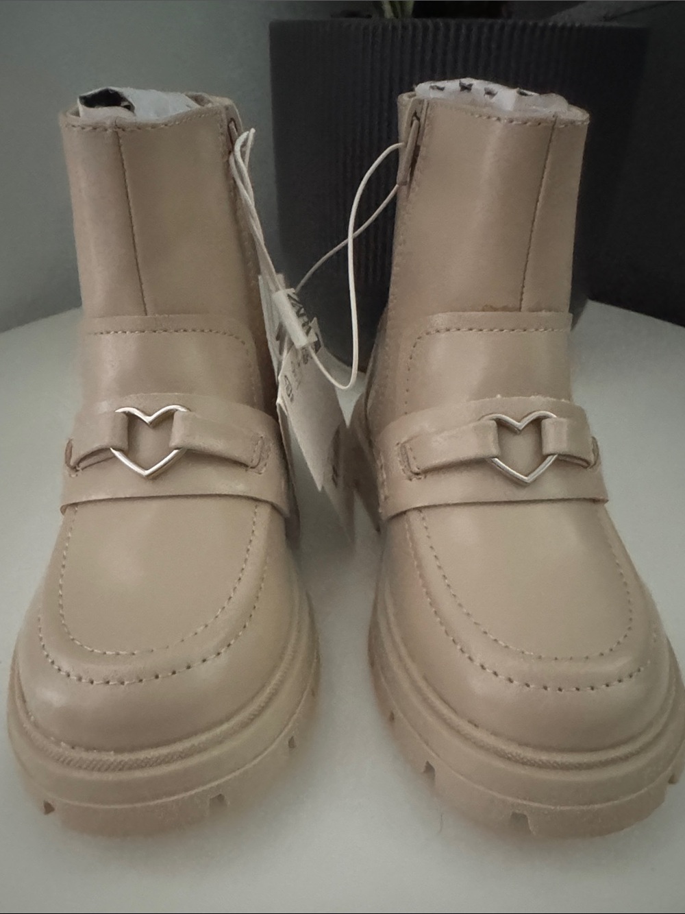 Zara Cream Chunky Leather Boots with heart Strap Detail